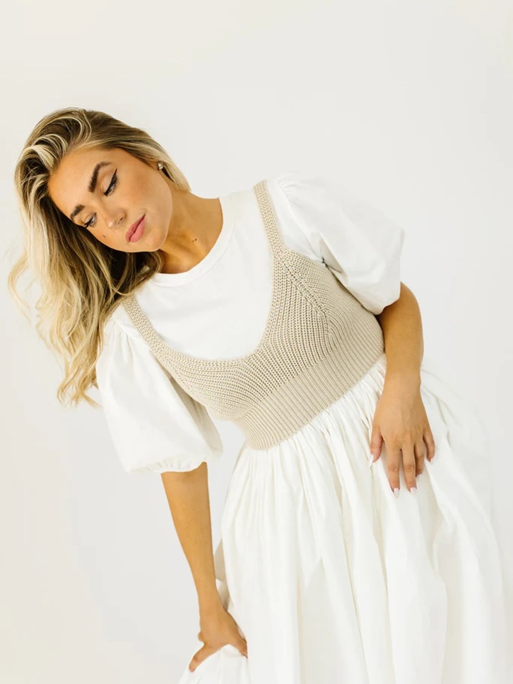 White Puff-Sleeve Midi Dress with Beige Knit Bodice - Picture 6 of 16